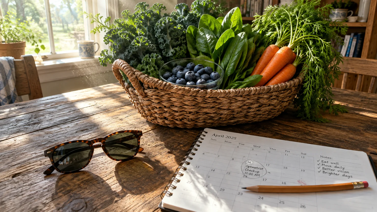 A basket of fresh vegetables and blueberries sits on a wooden table beside sunglasses and an open calendar planner.