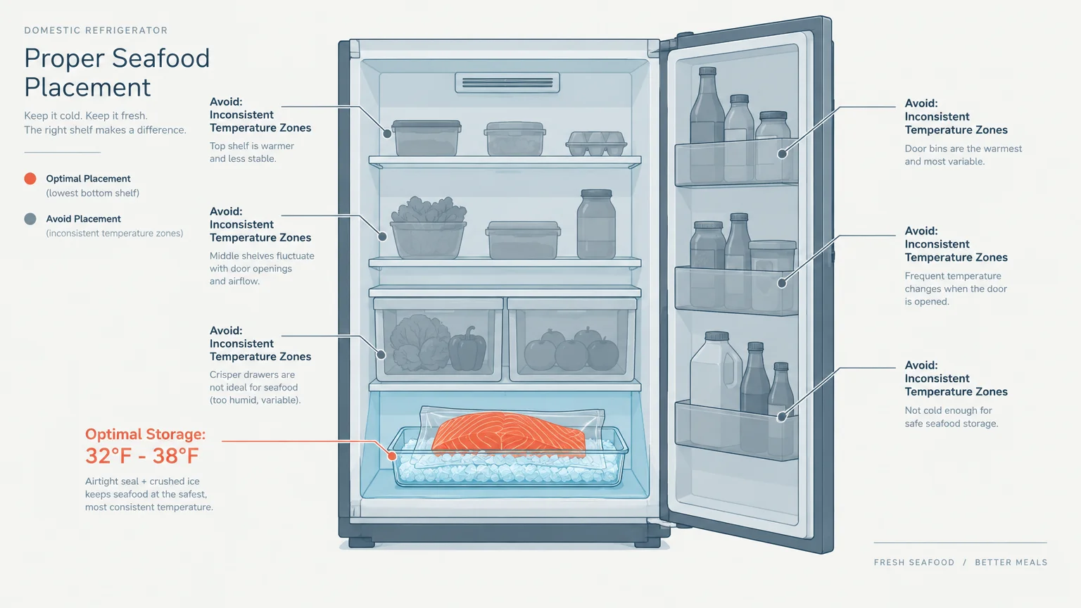 Diagram of refrigerator zones showing salmon stored on an ice bed on the lowest shelf as optimal.