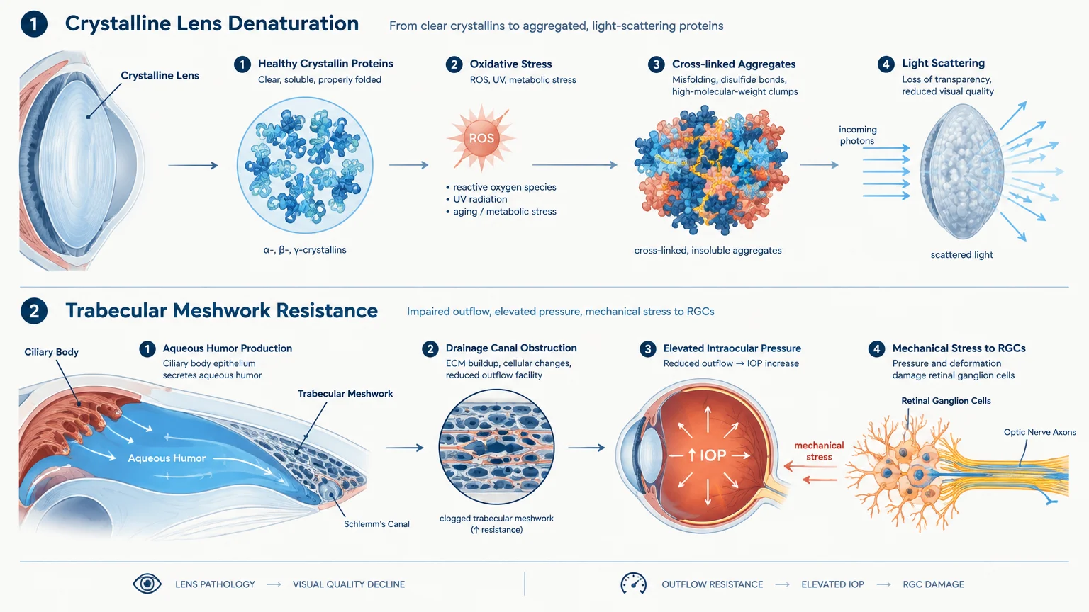 Diagram showing steps of crystalline lens protein aggregation and trabecular meshwork resistance causing optic nerve damage.