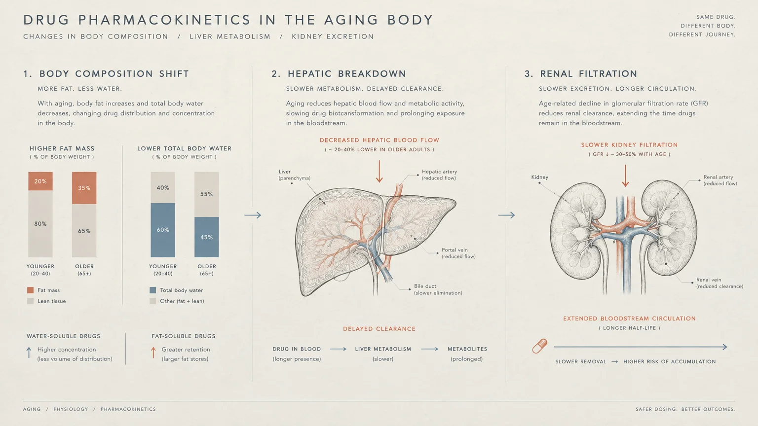 Three-part medical infographic showing body composition shifts, liver diagram for hepatic breakdown, and kidney filtration.