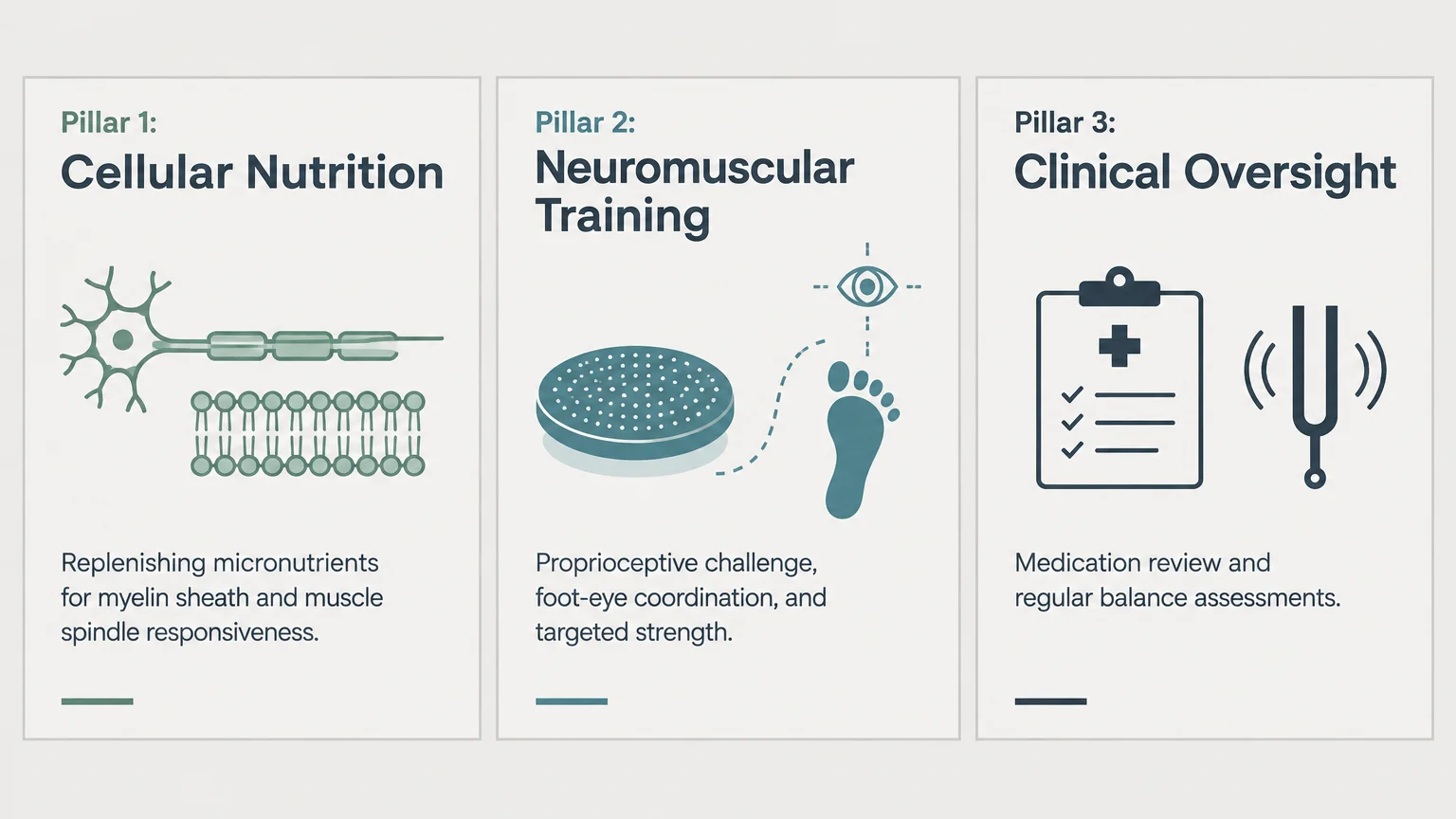 Three panels detailing pillars for fall prevention: Cellular Nutrition, Neuromuscular Training, and Clinical Oversight.