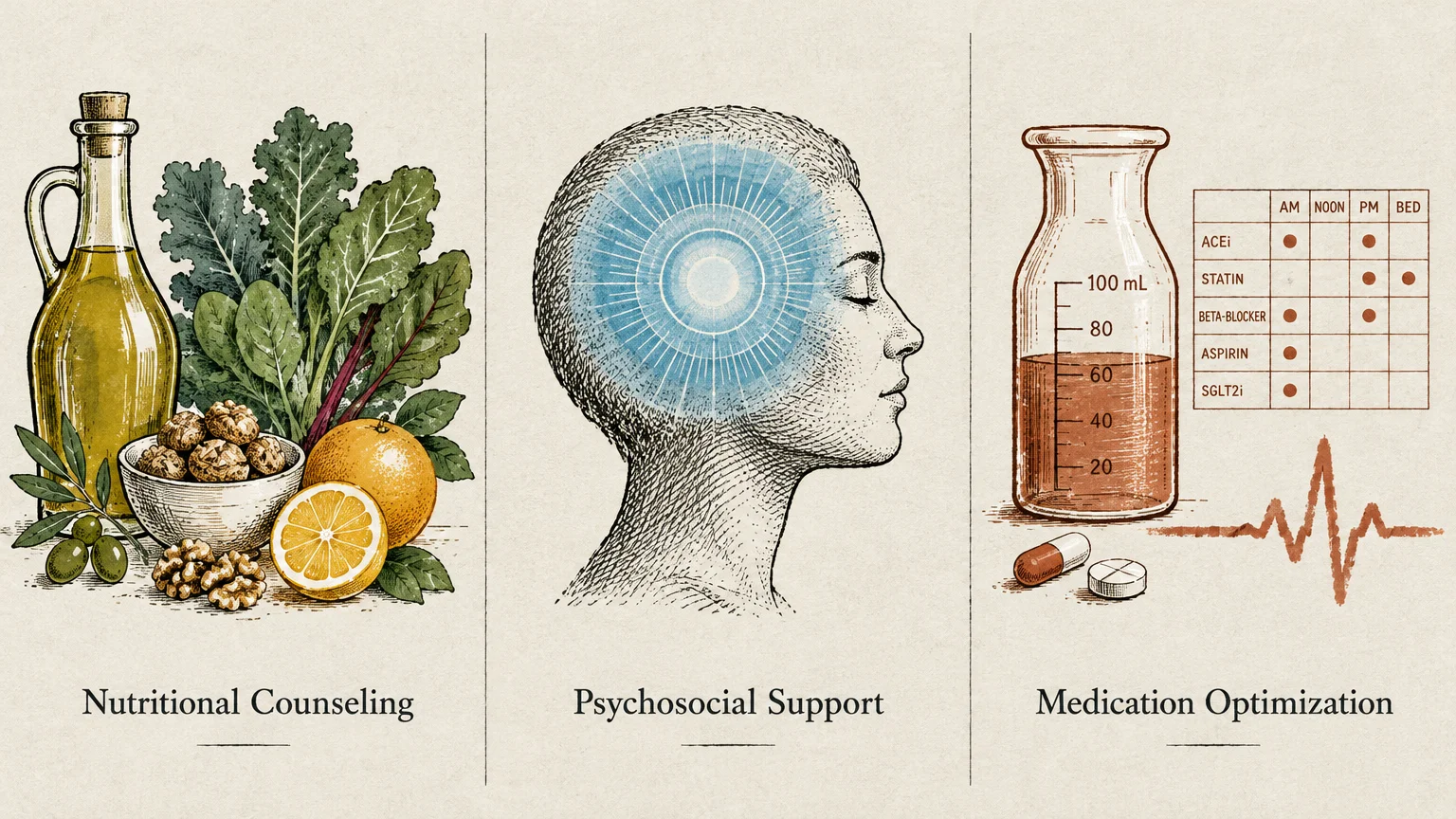Three-panel vintage illustration showing nutritional foods, a head with radiant blue brain patterns, and medicine bottles with pills.