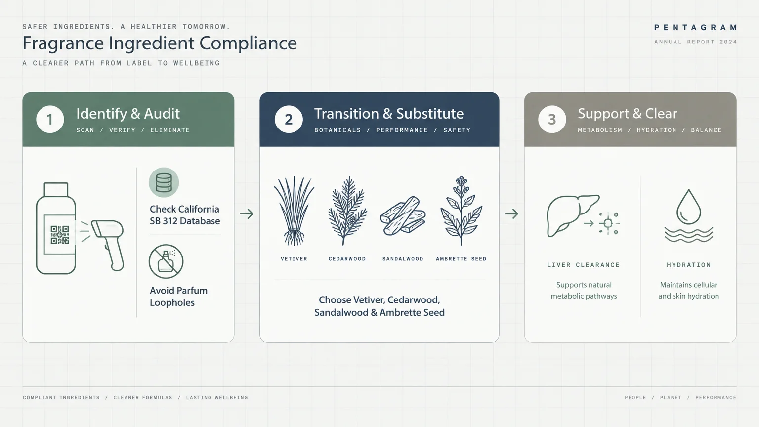 Diagram outlining three steps: Identify & Audit, Transition & Substitute with botanicals, and Support & Clear.