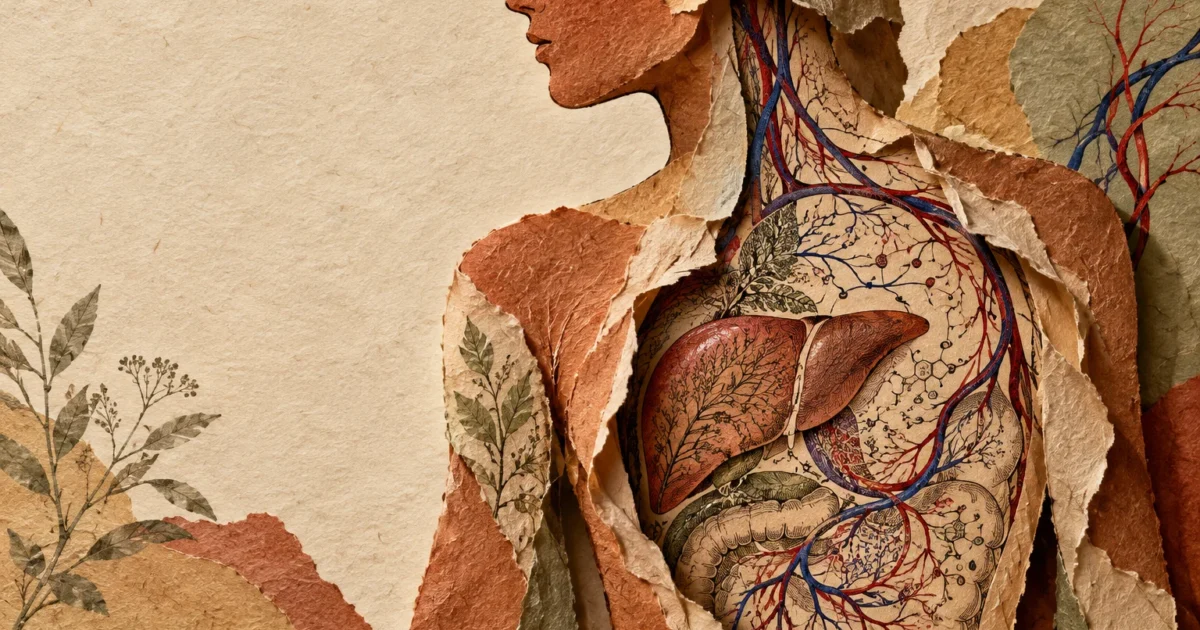 Paper collage profile of a human body torn open to reveal internal organs, including the liver and blood vessels.