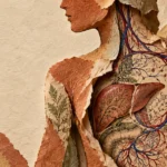 Paper collage profile of a human body torn open to reveal internal organs, including the liver and blood vessels.