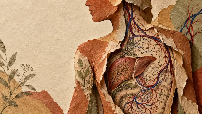 Paper collage profile of a human body torn open to reveal internal organs, including the liver and blood vessels.