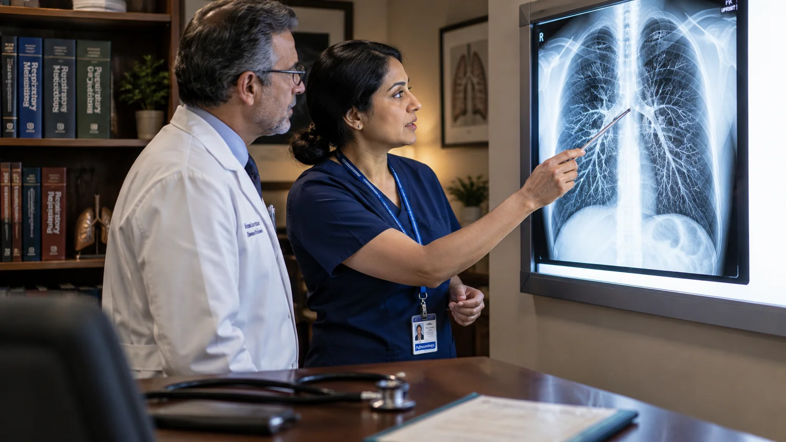 A doctor and a healthcare specialist review a glowing chest X-ray mounted on a wall screen in a medical office.
