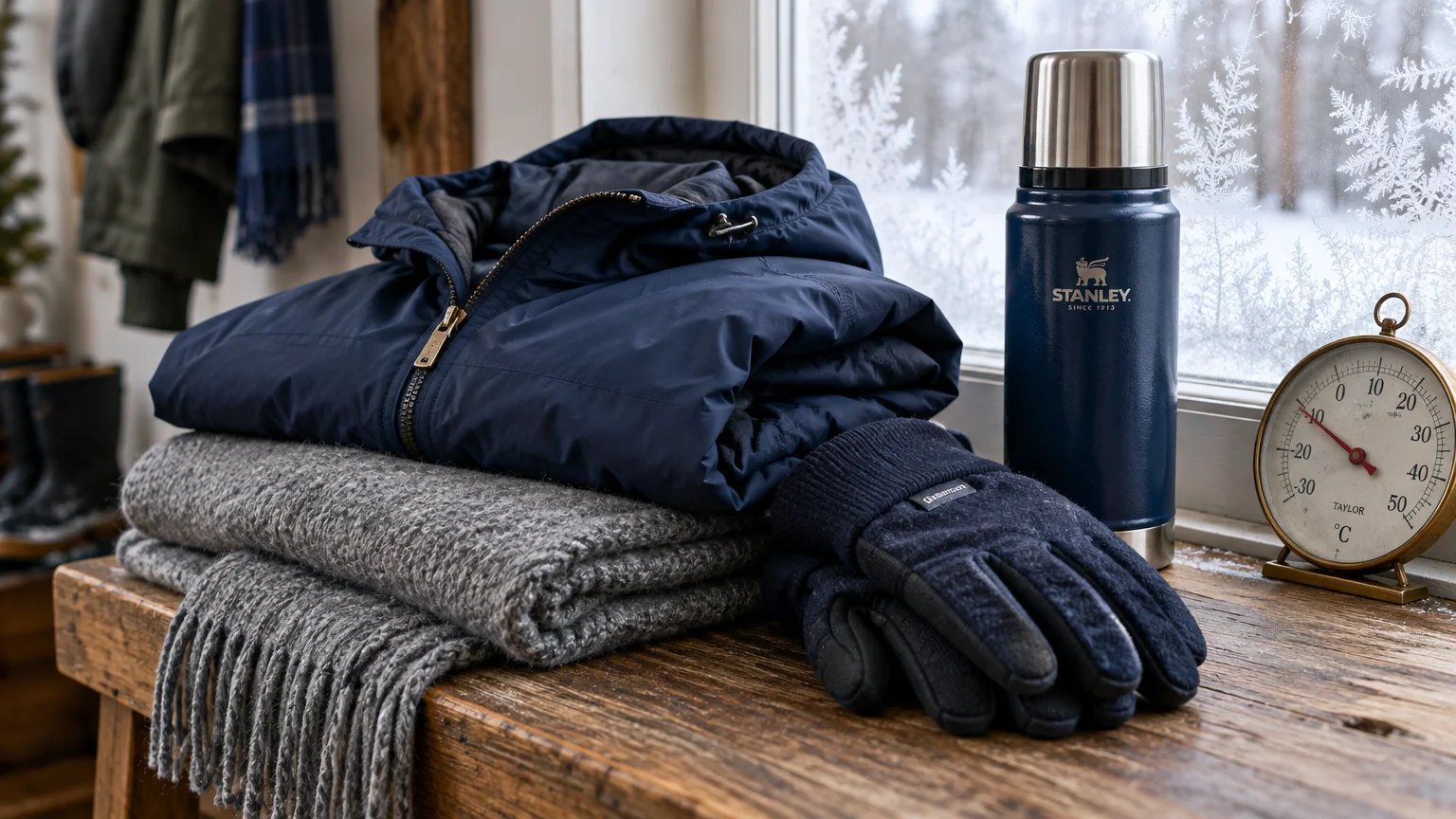 A folded blue winter jacket, gray wool blanket, gloves, thermos, and thermometer resting by a frosty window.