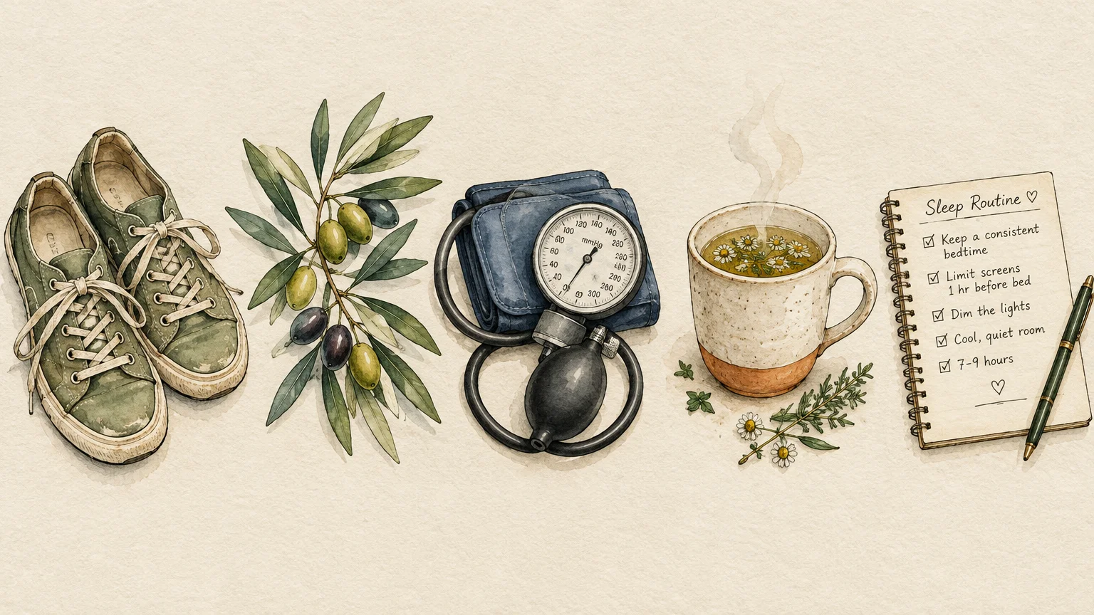 Watercolor illustration of sneakers, an olive branch, a blood pressure cuff, herbal tea, and a sleep routine checklist.