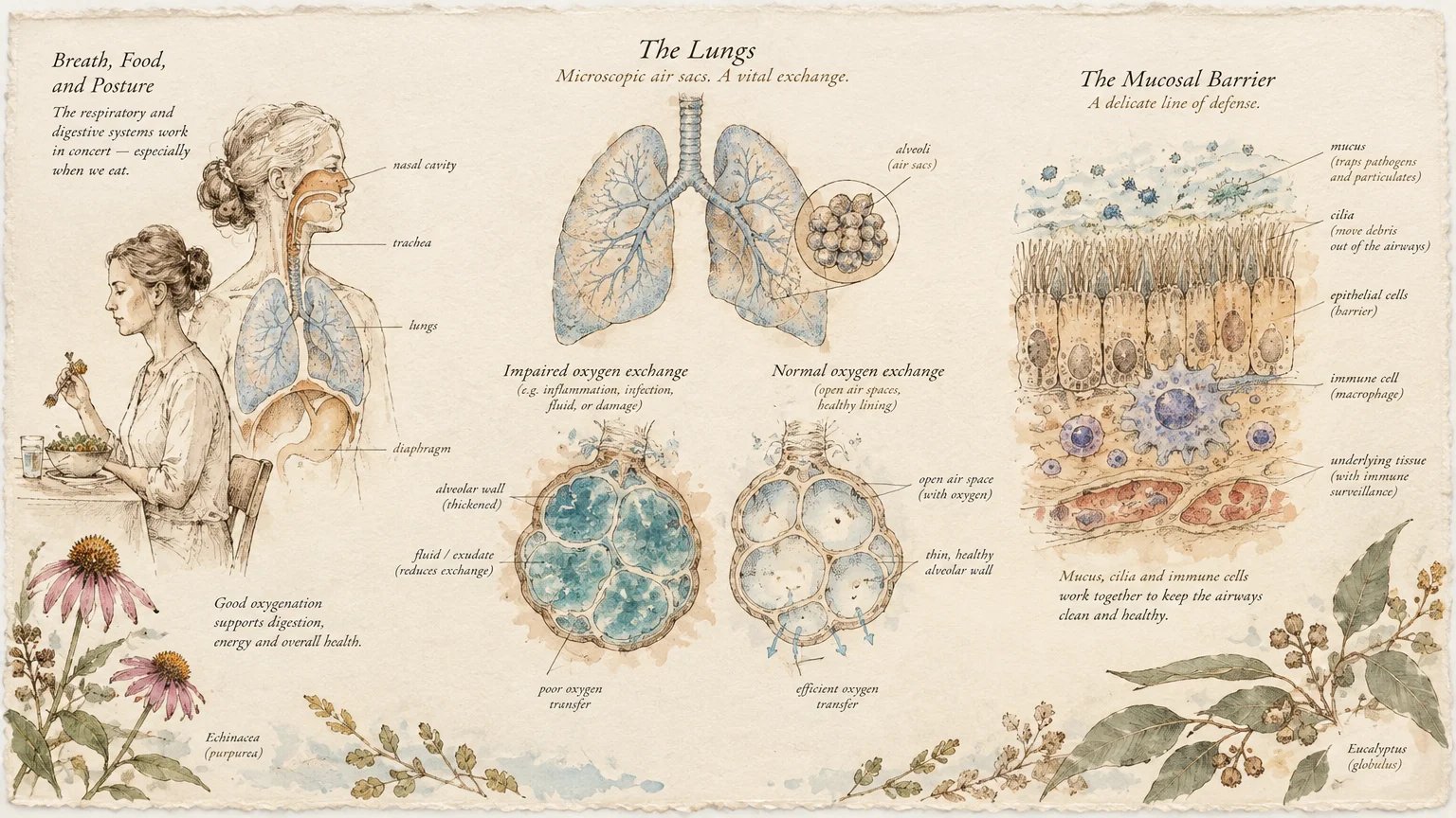 Medical illustrations detailing respiratory anatomy, comparing fluid-filled alveoli to healthy ones alongside mucosal barrier cells.