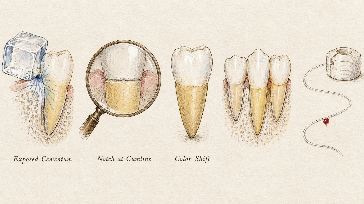 Scientific illustrations showing gum recession symptoms, including cold sensitivity, a gumline notch, and exposed yellow roots.