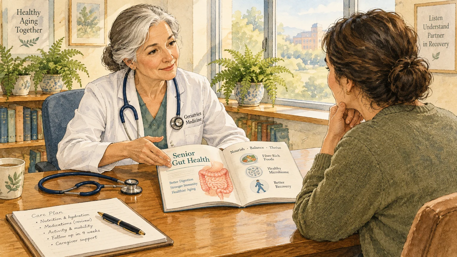 Watercolor illustration of a female geriatrician at a desk discussing gut health with a seated patient using an open booklet.