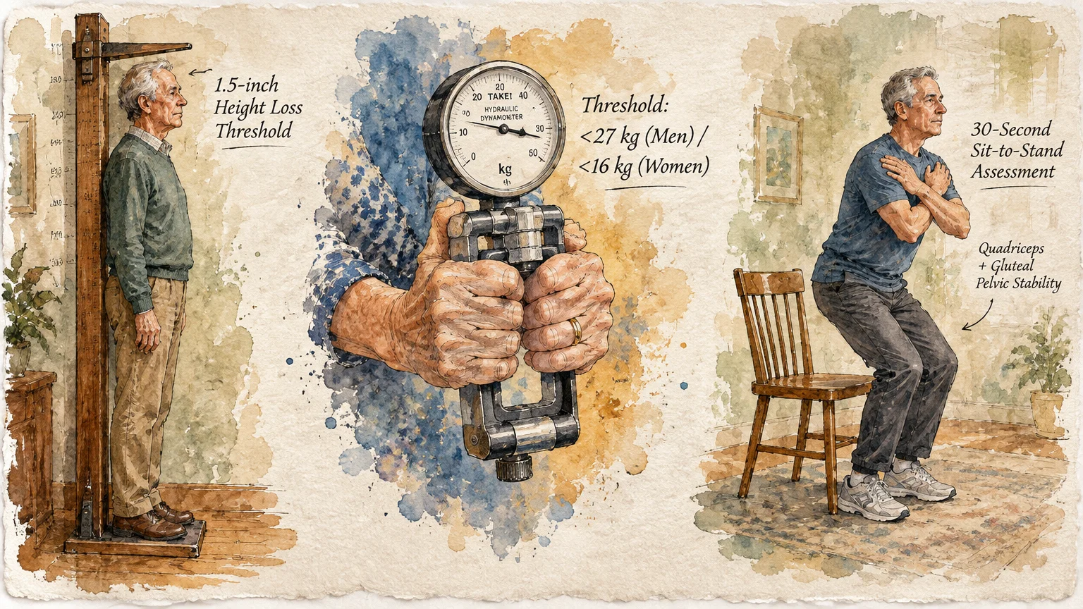 Watercolor diagrams of a height measurement, handgrip dynamometer test, and a man rising from a chair.