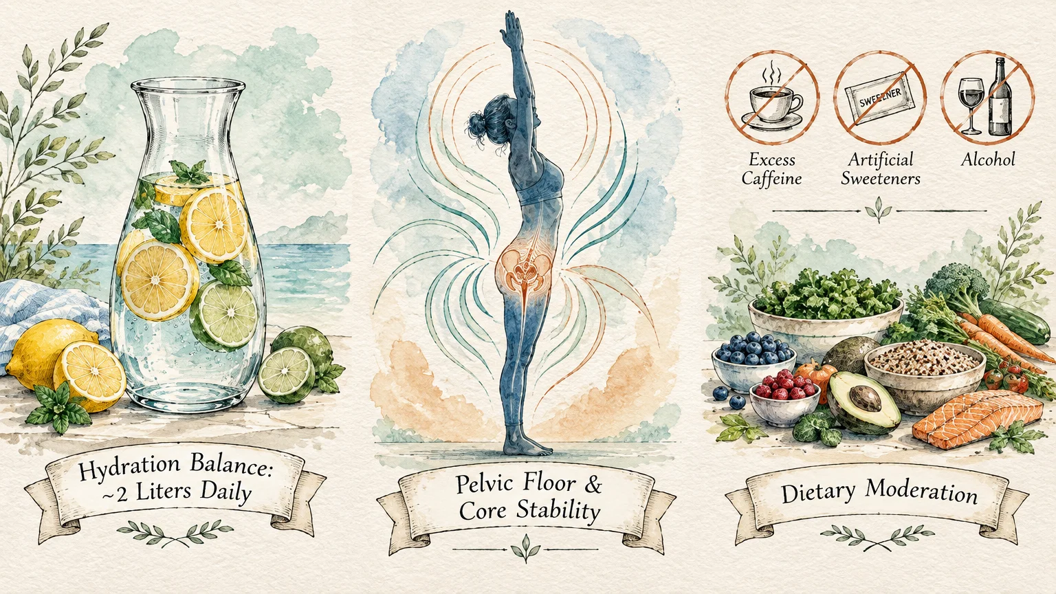 Three panels illustrating daily hydration balance, pelvic floor stability, and dietary moderation with whole foods.