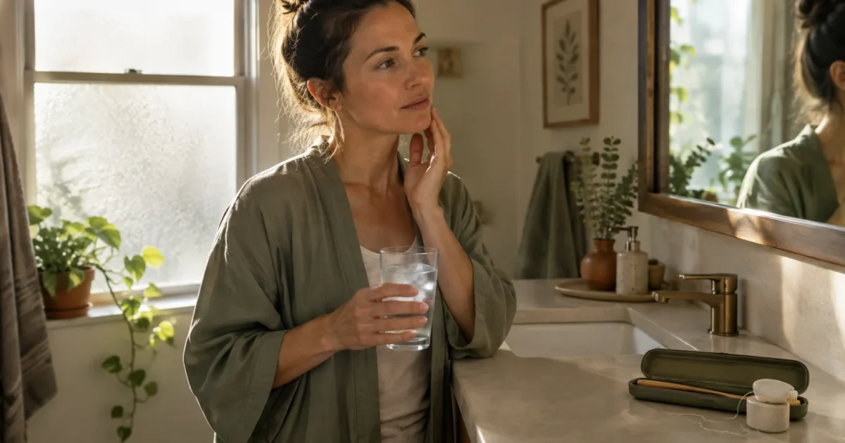 A woman in a green robe touching her face while holding a glass of water next to a bathroom sink and mirror.
