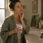 A woman in a green robe touching her face while holding a glass of water next to a bathroom sink and mirror.