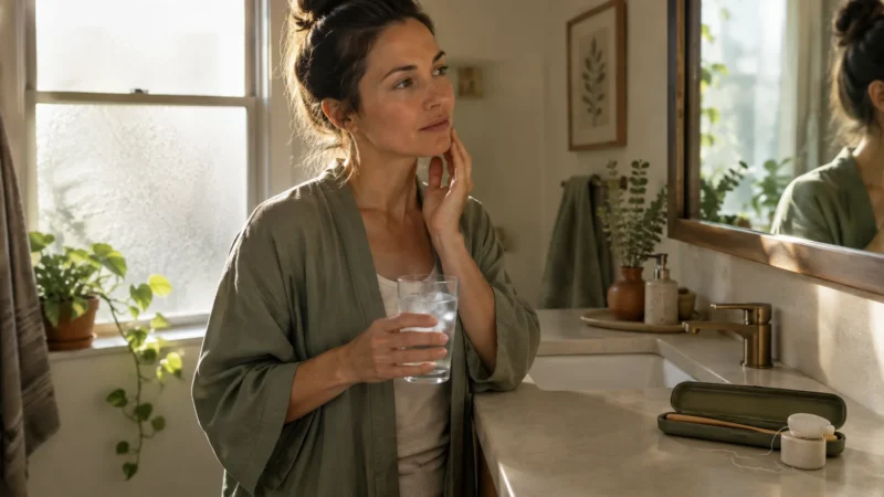 A woman in a green robe touching her face while holding a glass of water next to a bathroom sink and mirror.