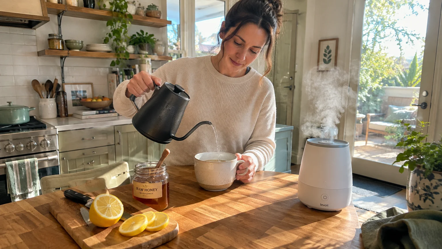 Woman pouring hot water into a mug beside sliced lemons, raw honey, and a running humidifier on a wooden table.