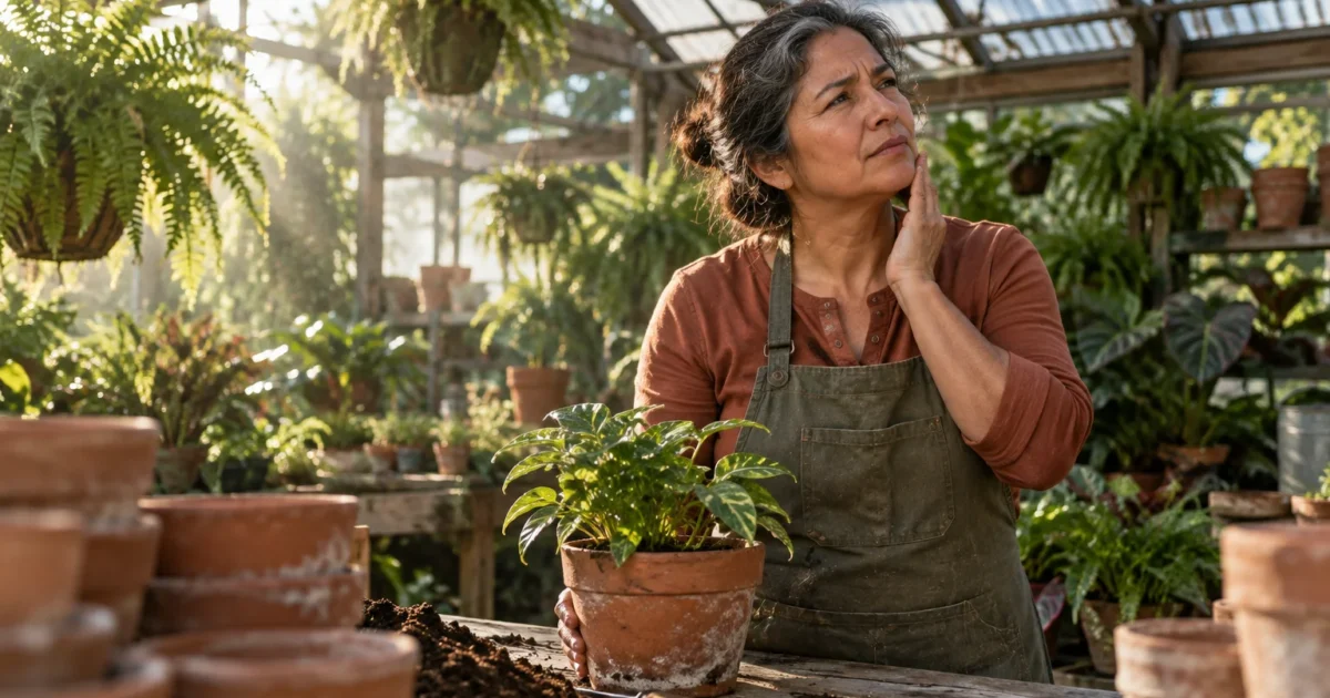 A woman in a greenhouse touching her jaw with a concerned expression while holding a potted plant.