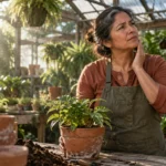 A woman in a greenhouse touching her jaw with a concerned expression while holding a potted plant.