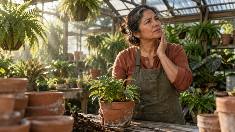A woman in a greenhouse touching her jaw with a concerned expression while holding a potted plant.