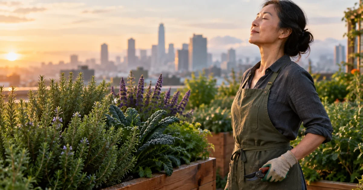 A woman in an apron pauses with eyes closed in a rooftop garden at sunrise overlooking a city skyline.