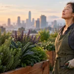 A woman in an apron pauses with eyes closed in a rooftop garden at sunrise overlooking a city skyline.