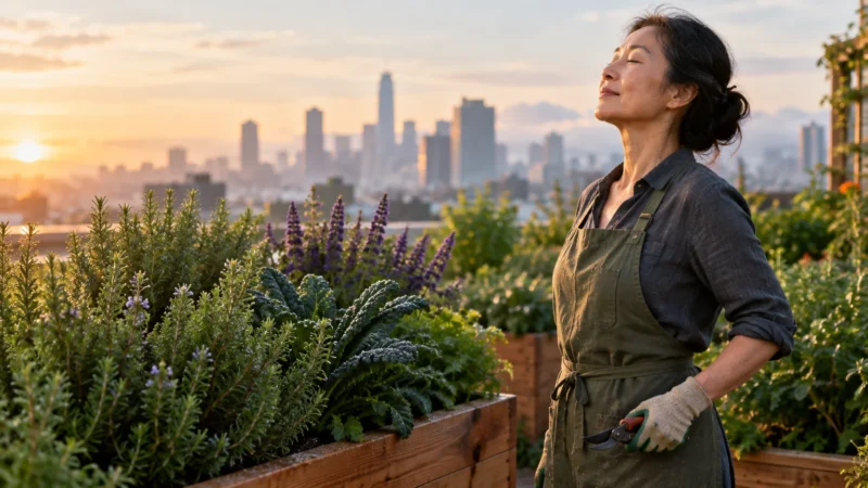 A woman in an apron pauses with eyes closed in a rooftop garden at sunrise overlooking a city skyline.