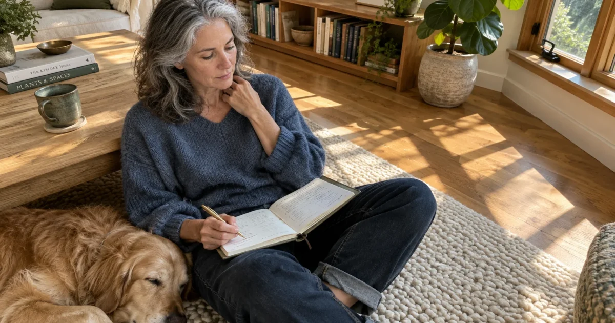 Woman with gray hair sits on a woven rug writing in a journal, leaning against a coffee table beside a sleeping dog.