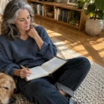 Woman with gray hair sits on a woven rug writing in a journal, leaning against a coffee table beside a sleeping dog.
