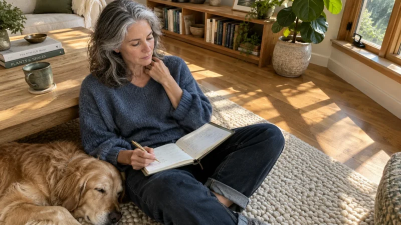 Woman with gray hair sits on a woven rug writing in a journal, leaning against a coffee table beside a sleeping dog.