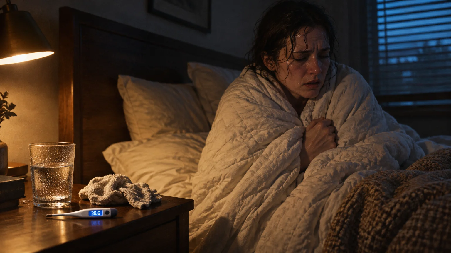 Sick woman shivering in bed wrapped in blankets, with a digital thermometer and glass of water on the nightstand.